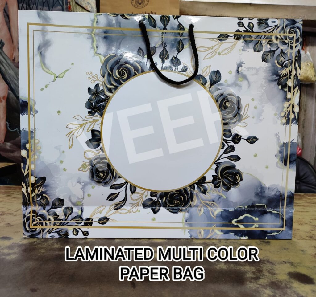 black flower multi color printed premium paper bag with lamination