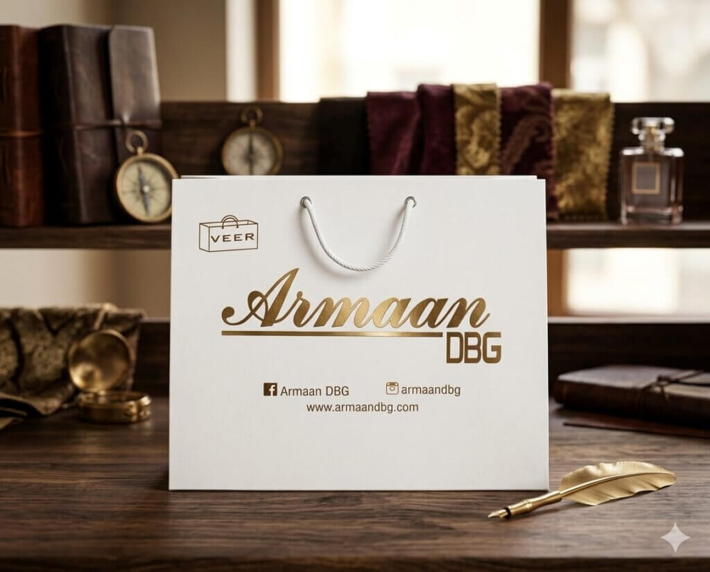 white printed paper bag